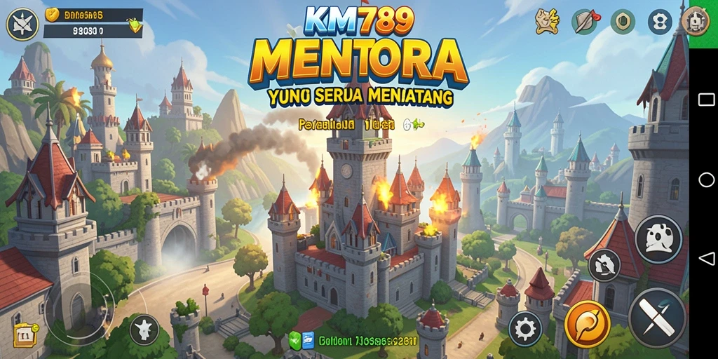 Screenshot utama KM789 menampilkan aksi seru dalam pertahanan menara.