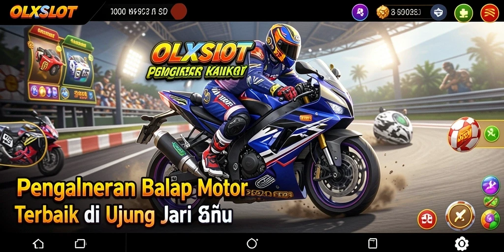 Screenshot gameplay OLXSLOT menunjukkan balapan motor yang seru dan menantang.