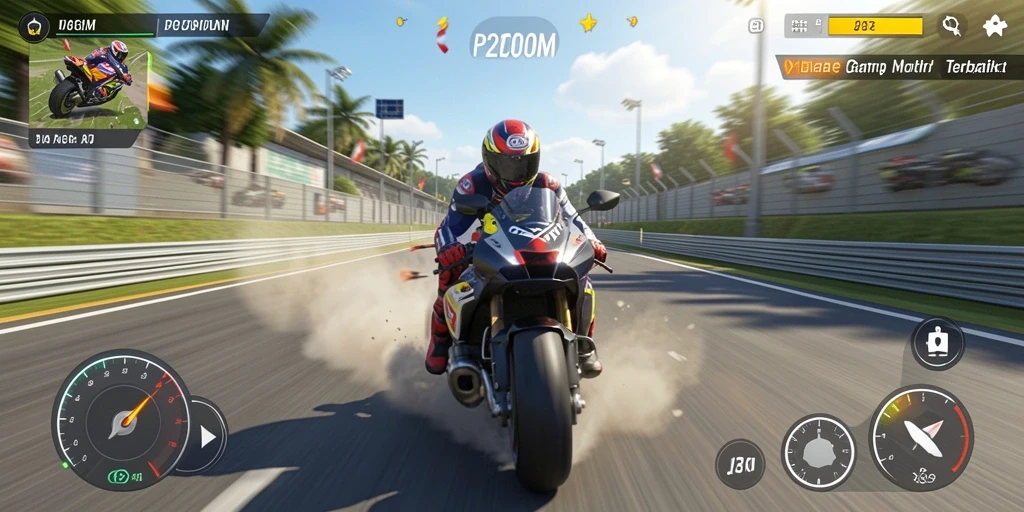 Tampilan gameplay P200M dengan balapan motor yang menegangkan.