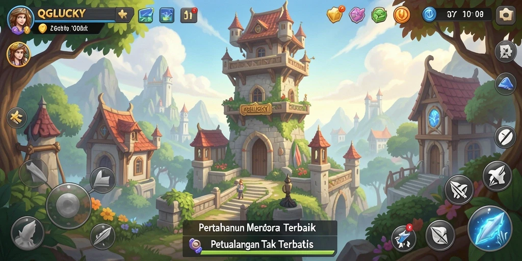 Tangkapan layar QGLUCKY menampilkan aksi menara pertahanan yang mendebarkan.