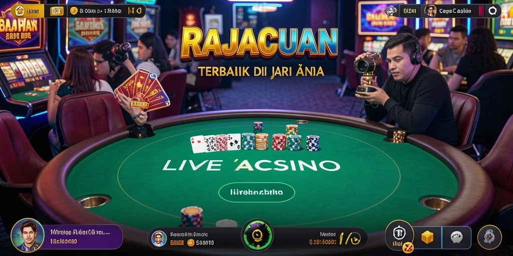Screenshot gameplay RAJACUAN yang menampilkan dealer langsung dan suasana kasino.