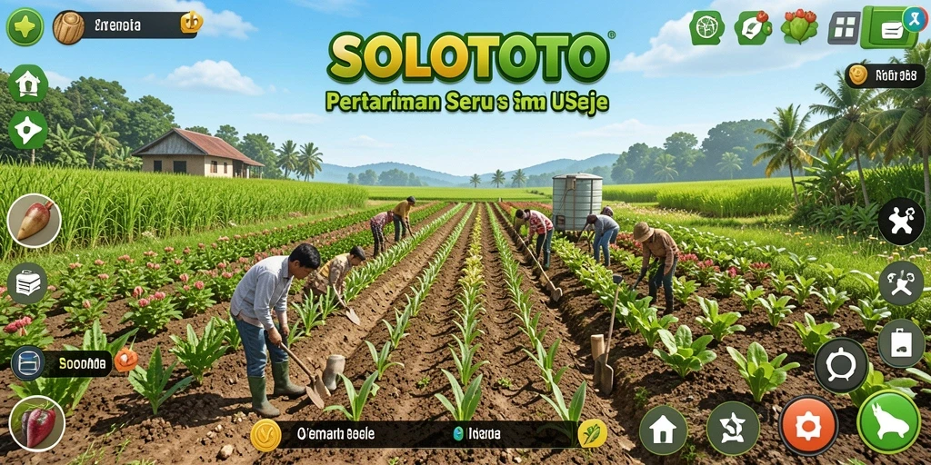 Screenshot SOLOTOTO menunjukkan petani merawat tanaman di ladang.